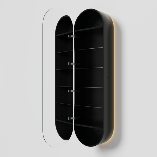 Balmani Mara hängendes Badhochschränke mit Spiegel Oval 45 x 160 cm Schwarz Matt mit Spiegelbeleuchtung