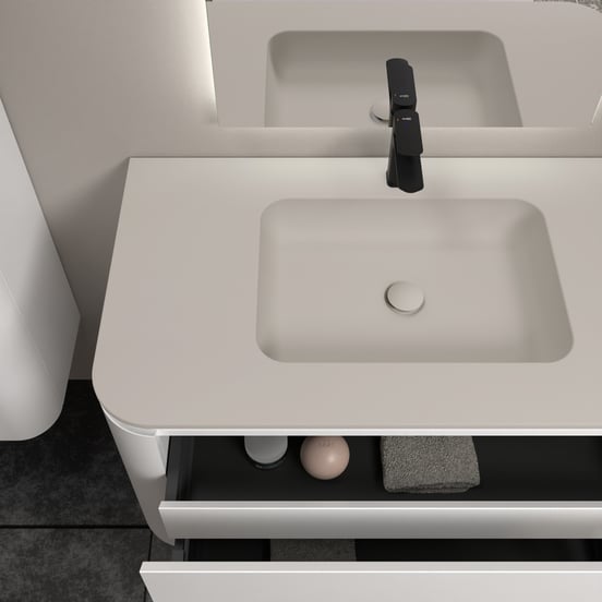 Balmani Moon zwevend badkamermeubel 160 x 55 cm mat wit met Moon dubbele wastafel in top solid zijdegrijs