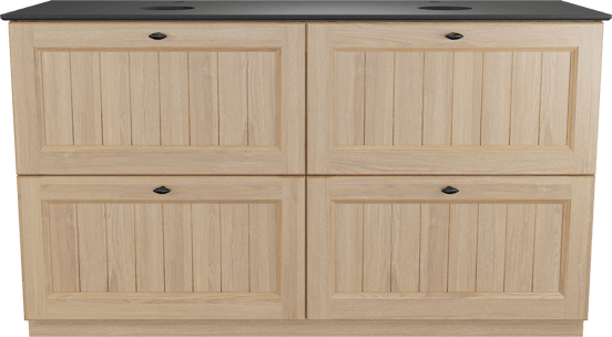 Balmani Lemon freistehendes Möbelstück Set: 150 x 55 cm, Naturbelassene Eiche Furnier, mit Facetta Doppel Waschtischplatte, Schwarzes Granit