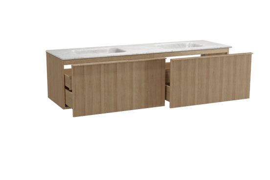 Balmani Forma zwevend badmeubel 180 x 55 cm naturel eiken met Tablo Arcato dubbele wastafel in marmer carrara, Verticale symmetrische rechte ribbel