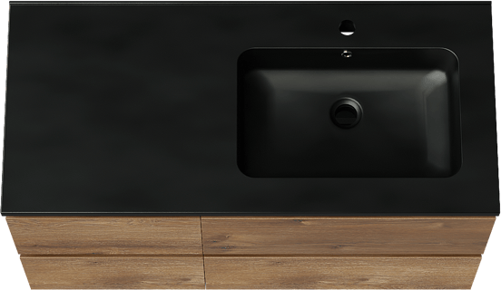 Linie Lado zwevend badkamermeubel 100 x 46 cm bruine eik met Vano asymmetrisch rechtse wastafel in composietmarmer mat zwart