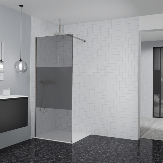 Balmani Modular Walk-In Dusche: 90 x 200 cm, Rauchglas mit mattiertem Streifen, Profil Brushed CoolMetal