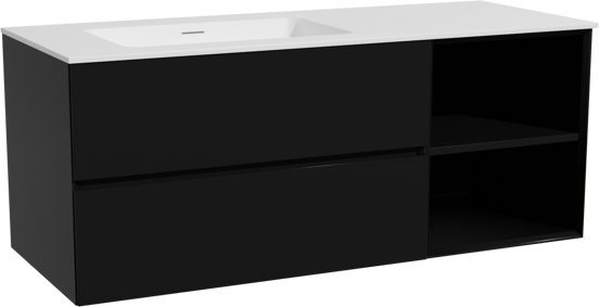 Storke Edge zwevend badmeubel 130 x 52 cm mat zwart met Mata asymmetrisch linkse wastafel in solid surface mat wit