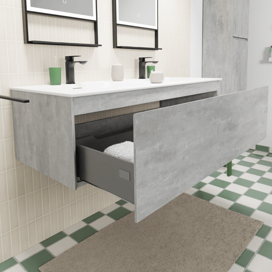 Storke Edge meuble salle de bains suspendu 120 x 52 cm béton gris foncé avec Mata double vasque en solid surface blanc mat