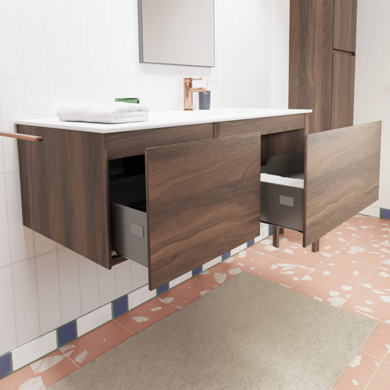 Storke Edge zwevend badmeubel 100 x 52 cm notenhout met Mata asymmetrisch rechtse wastafel in solid surface mat wit