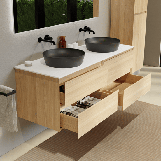 Balmani Mitra zwevend badmeubel 150 x 55 cm naturel eiken met Stretto enkel of dubbel wastafelblad in solid surface mat wit