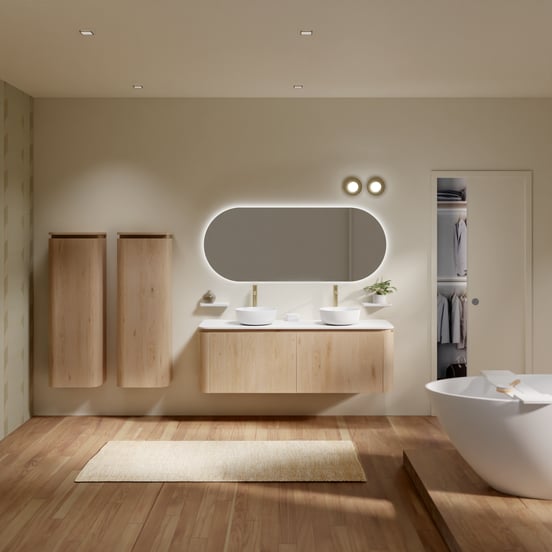 Balmani Moon zwevend badkamermeubel 160 x 55 cm natuur eik met Moon enkel of dubbel tablet in solid surface mat wit