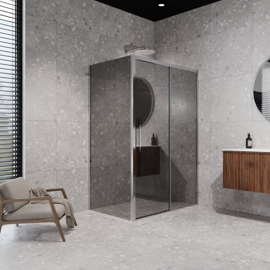 Balmani Senses Design douchecabine met rechtse schuifdeur en vaste zijwand, 160 x 100 cm, Reflex spiegelglas, Hoogglans chroom profielen