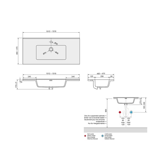 Linie Baro enkele wastafel Mat Zwarte porselein 100 x 46 cm