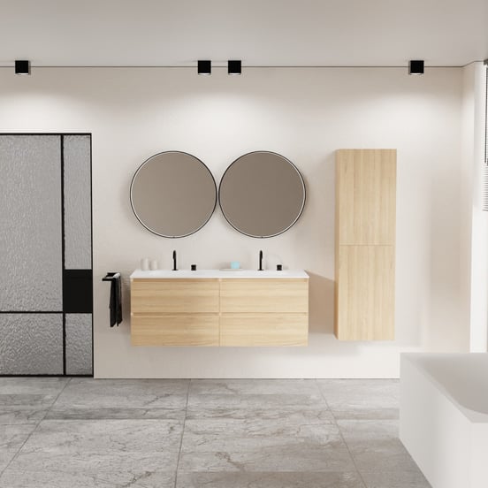 Balmani Mitra zwevend badmeubel 135 x 55 cm naturel eiken met Tablo Arcato dubbele wastafel in solid surface mat wit