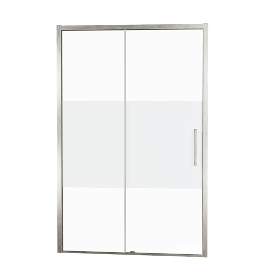 Balmani Senses Design Dusche Schiebetür, Links, 160 cm x 210 cm, Klarglas mit mattiertem Streifen, Profil Brushed CoolMetal