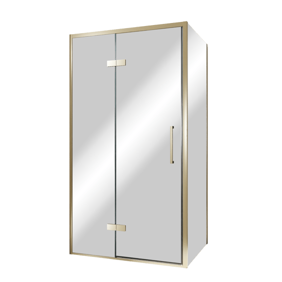 Balmani Senses Design douchecabine met linkse draaideur en vaste zijwand, 100 x 100 cm, Reflex spiegelglas, Brushed Champagne Gold profielen