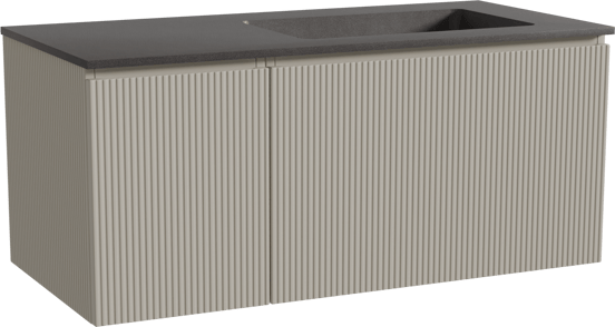 Storke Ribs zwevend badmeubel 110 x 52 cm zijdegrijs met Scuro asymmetrisch rechtse wastafel in kwarts mat zwart, Verticale symmetrische rechte ribbel