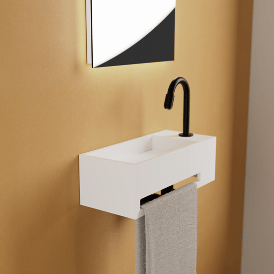 Balmani Mood High fonteintje 36 x 18 cm Mat Witte Solid Surface met handdoekhouder