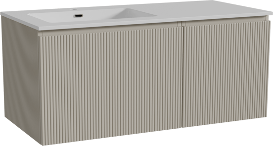 Storke Ribs zwevend badmeubel 110 x 52 cm zijdegrijs met Diva asymmetrisch linkse wastafel in composietmarmer hoogglans wit, Verticale symmetrische rechte ribbel