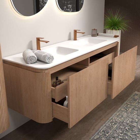 Balmani Moon hängendes Möbelstück Set: 160 x 55 cm, Naturbelassene Eiche, mit Moon Doppelwaschtisch, Solid Surface, Weiß matt, Vertikale symmetrische gerade Rippe