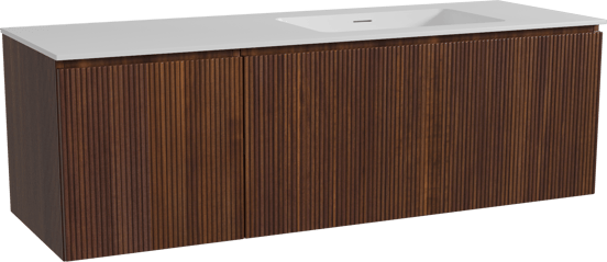 Storke Ribs zwevend badmeubel 150 x 52 cm notenhout met Mata asymmetrisch rechtse wastafel in solid surface mat wit, Verticale symmetrische rechte ribbel