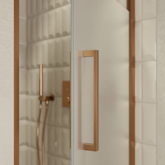 Balmani Senses Design Dusche Drehtür, Rechts, 90 cm x 210 cm, Klarglas mit mattiertem Streifen, Profil Brushed Rosegold