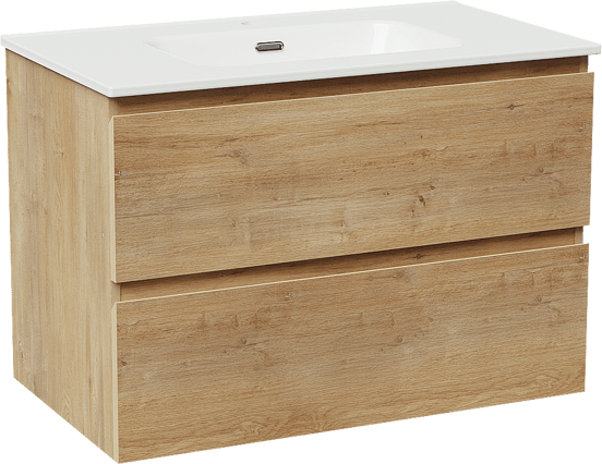 Linie Lado meuble salle de bains suspendu 80 x 46 cm chêne naturel avec Baro plan simple en porcelaine blanc brillant