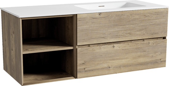 Storke Edge zwevend badmeubel 130 x 52 cm ruw eiken met Mata asymmetrisch rechtse wastafel in solid surface mat wit