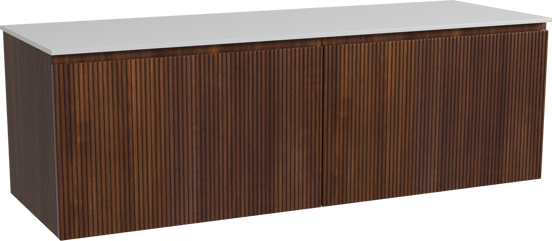 Storke Ribs zwevend badmeubel 150 x 52 cm notenhout met Tavola enkel of dubbel wastafelblad in solid surface mat wit, Verticale symmetrische rechte ribbel