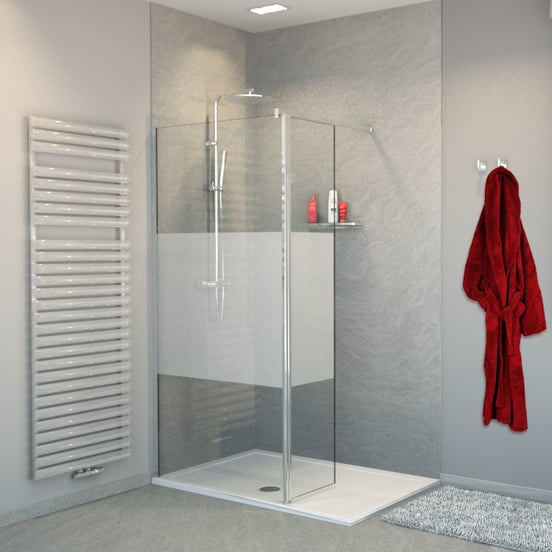 Balmani Move douche à l'italienne avec panneau latéral pivotant 90 x 200 cm verre transparent avec bande mate profil chrome brillant