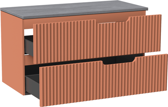 Linie Ribbo zwevend badmeubel 100 x 46 cm cotto met Lado enkel of dubbel wastafelblad in melamine beton donkergrijs, Verticale symmetrische ronde ribbel