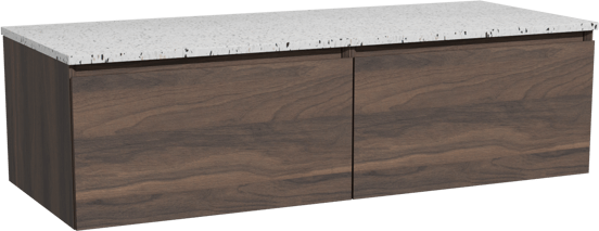 Storke Edge zwevend badmeubel 130 x 52 cm notenhout met Tavola enkel of dubbel wastafelblad in mat wit/zwart terrazzo