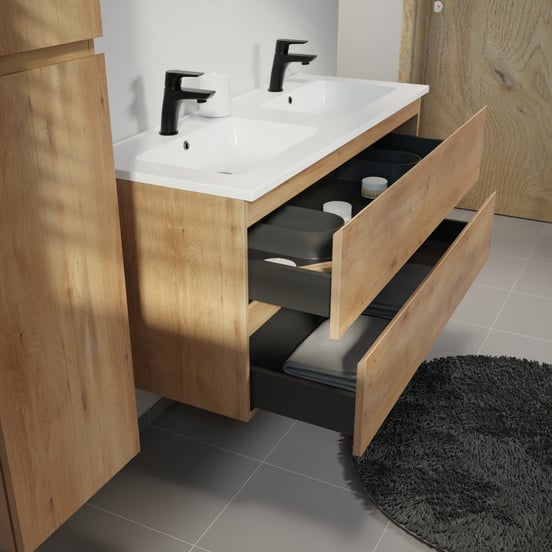 Linie Lado meuble salle de bains suspendu 120 x 46 cm chêne naturel avec Vano double vasque en marbre composite blanc mat