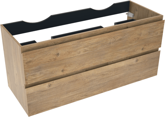 Linie Lado hängender Waschbeckenunterschrank: 120 x 46 cm, Eiche Natur, 2 Schubladen, 2 Siphonaussparungen