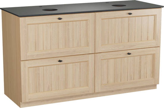 Balmani Lemon freistehendes Möbelstück Set: 150 x 55 cm, Naturbelassene Eiche Furnier, mit Facetta Doppel Waschtischplatte, Schwarzes Granit