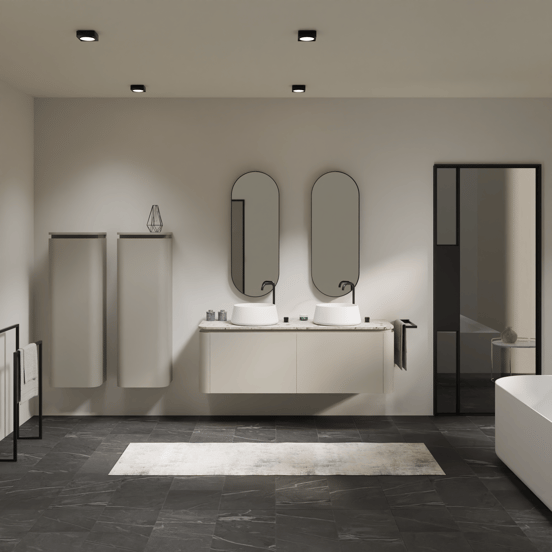 Balmani Moon zwevend badkamermeubel 160 x 55 cm zijdegrijs met Moon enkel of dubbel tablet in terrazzo greige terrazzo