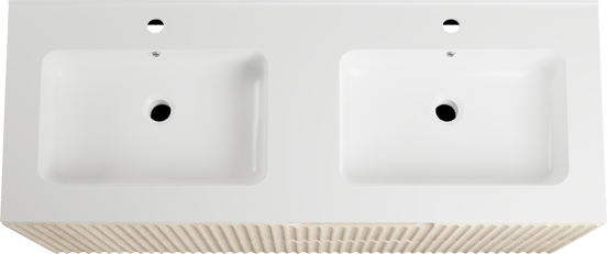 Linie Ribbo meuble salle de bains suspendu 120 x 46 cm chêne clair avec Vano double vasque en marbre composite blanc brillant, Nervure circulaire symétrique verticale