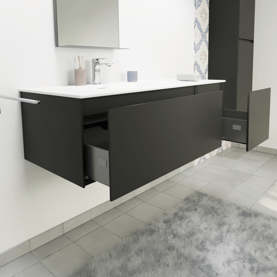 Storke Edge meuble salle de bains suspendu 120 x 52 cm noir mat avec Mata plan vasque asymétrique à gauche en solid surface blanc mat