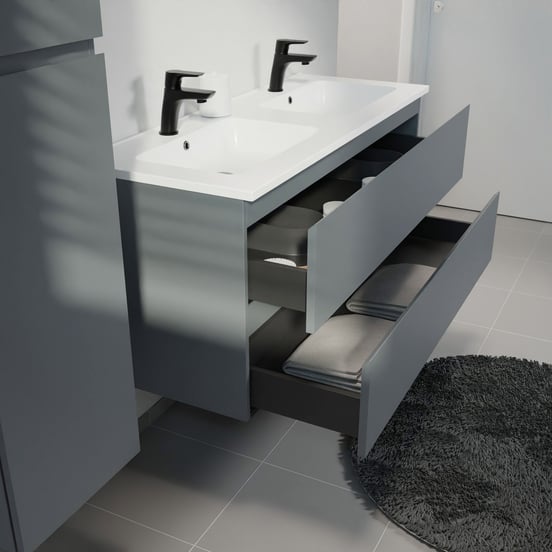 Linie Lado zwevend badmeubel 120 x 46 cm blauw antraciet met Vano dubbele wastafel in composietmarmer mat wit