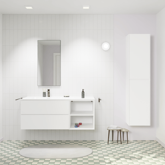 Storke Edge hängendes Möbelstück Set: 130 x 52 cm, Weiß matt, mit Mata Waschtisch links, Solid Surface Weiß matt