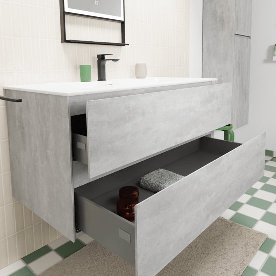 Storke Edge zwevend badmeubel 105 x 52 cm beton donkergrijs met Mata enkele wastafel voor 2 kraangaten in solid surface mat wit