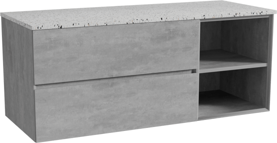 Storke Edge zwevend badmeubel 130 x 52 cm beton donkergrijs met Tavola enkel of dubbel wastafelblad in mat wit/zwart terrazzo