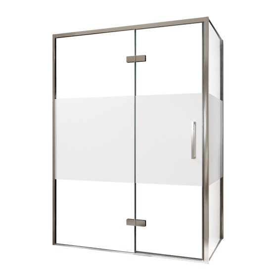 Balmani Senses Design douche en coin avec porte pivotante à gauche et paroi latérale fixe, 140 x 90 cm, Verre transparent avec bande matte, Profil chrome