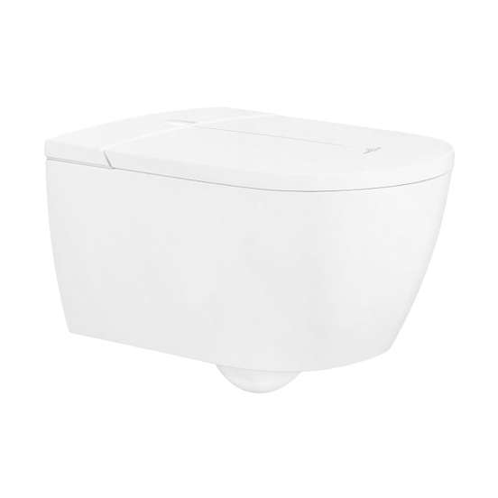 Villeroy & Boch ViClean-I100 WC douche blanc brillant sans rebord avec Geberit Sigma réservoir de chasse encastré UP320 avec cadre Burda et plaque de commande