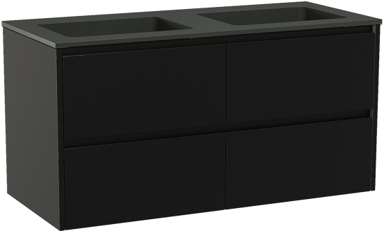 Storke Seda zwevend badmeubel 120 x 52 cm mat zwart met Scuro dubbele wastafel in kwarts mat zwart