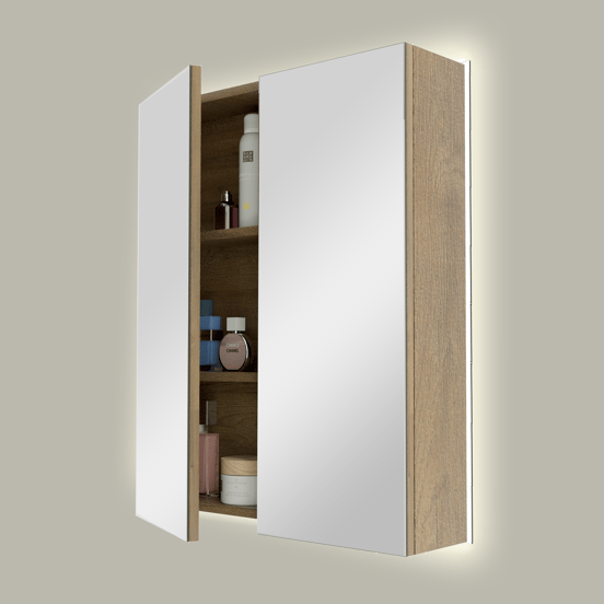 Linie Montro Spiegelschrank, 60 x 75 cm, Eiche Natur, mit Spiegelbeleuchtung
