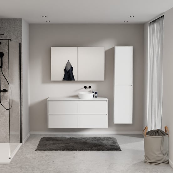 Storke Seda zwevend badmeubel 130 x 52 cm mat wit met Tavola enkel of dubbel wastafelblad in solid surface mat wit