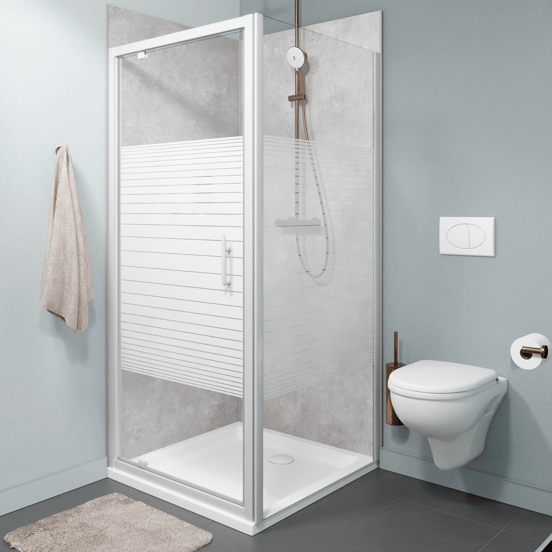 SanyOne Anton Eckdusche Drehtür mit fixierter Seitenwand, 90 x 90 cm, Streifglas, Profil Weiß