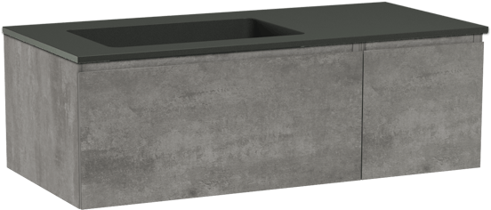 Storke Edge zwevend badmeubel 110 x 52 cm beton donkergrijs met Scuro asymmetrisch linkse wastafel in kwarts mat zwart