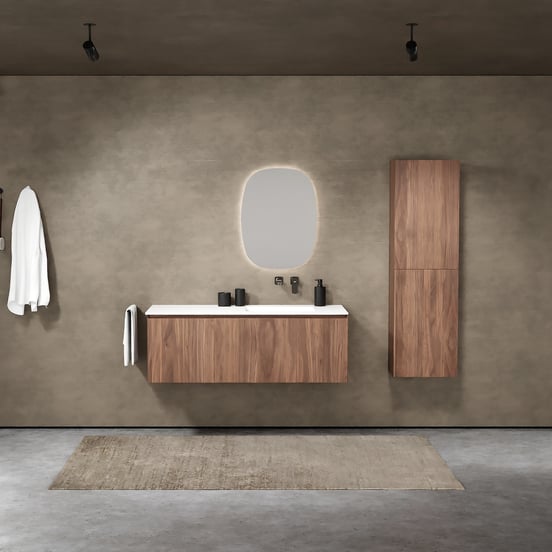 Balmani Idra hängendes Möbelstück Set: 135 x 55 cm, Nussbaum, mit Tablo Arcato Waschtisch rechts, Solid Surface Weiß matt