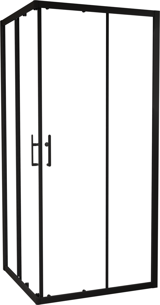 Linie Cadiz coin douche avec entrée d'angle avec double porte coulissante 90 x 90 cm Verre transparent profil noir mat