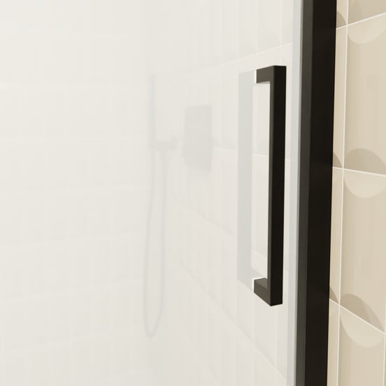 Balmani Senses Design douche schuifdeur links 140 cm x 210 cm Helder glas met matte strook glas, Zwarte profielen