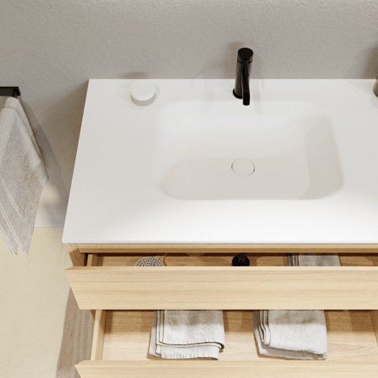 Balmani Mitra zwevend badmeubel 135 x 55 cm naturel eiken met Tablo Arcato dubbele wastafel in solid surface mat wit