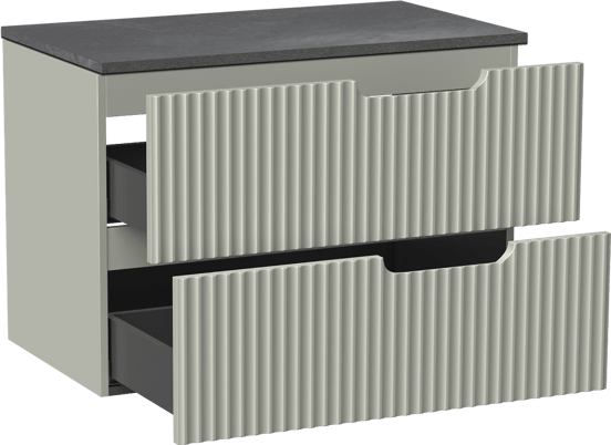 Linie Ribbo zwevend badmeubel 80 x 46 cm greige met Lado enkel wastafelblad in melamine grijze leisteen, Verticale symmetrische ronde ribbel